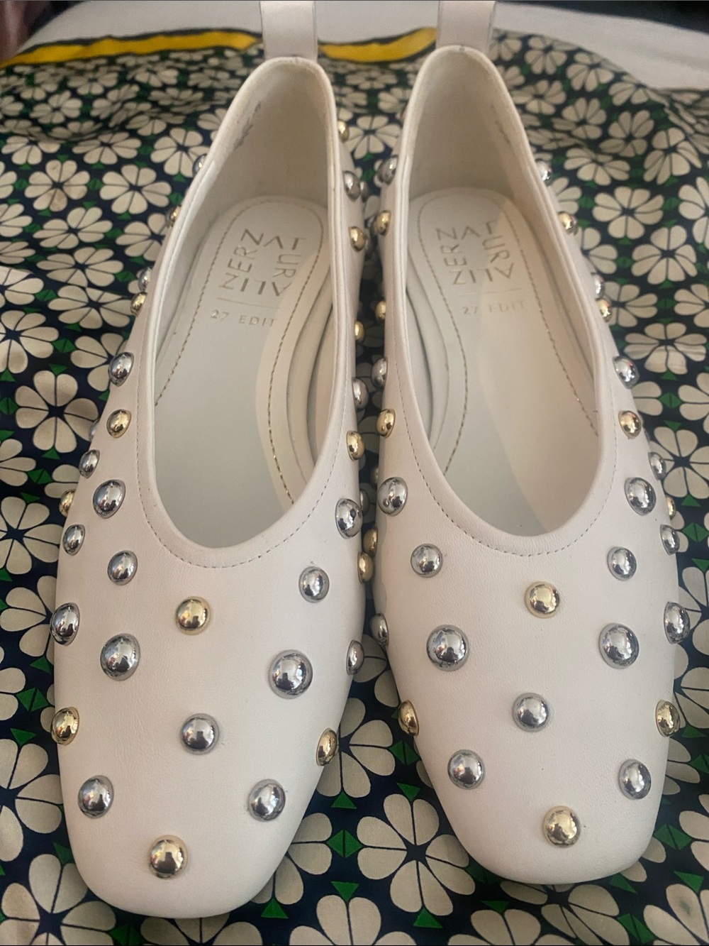 Naturalizer White Studded Ballet Flats with Mixed Metal Accents